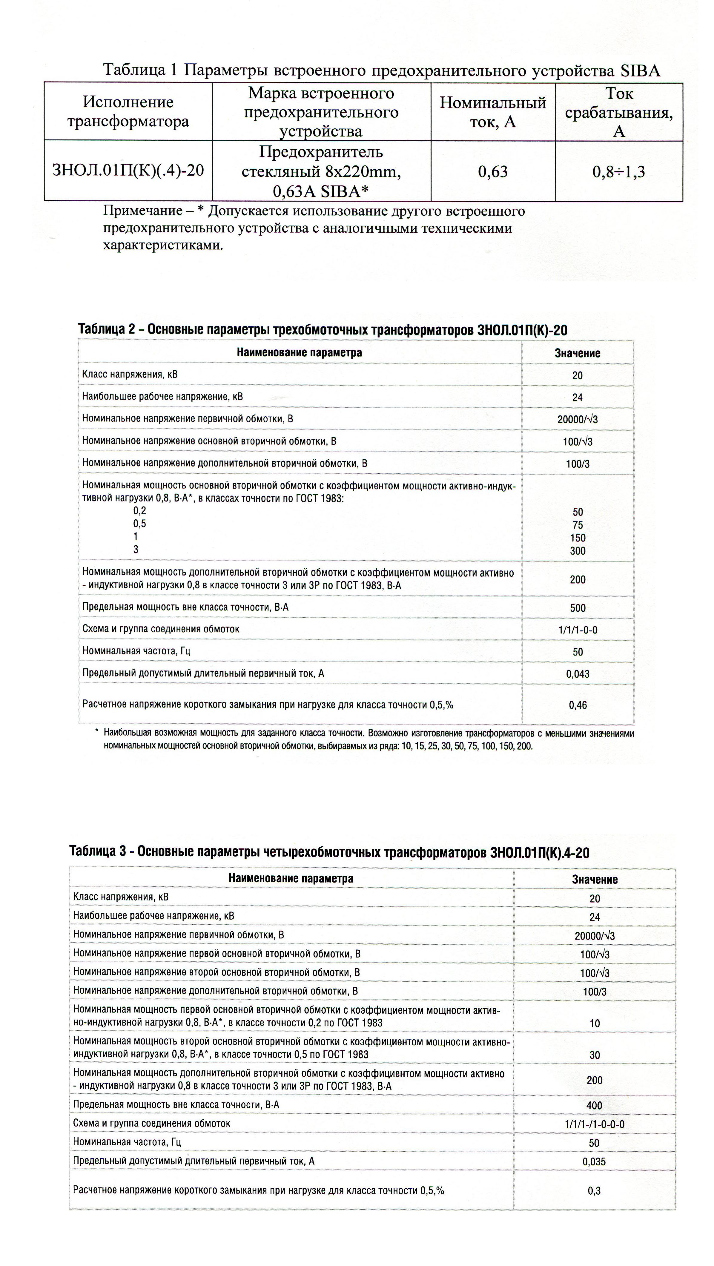 технические характеристики Трансформаторы напряжения ЗНОЛ.01 П(К)-20